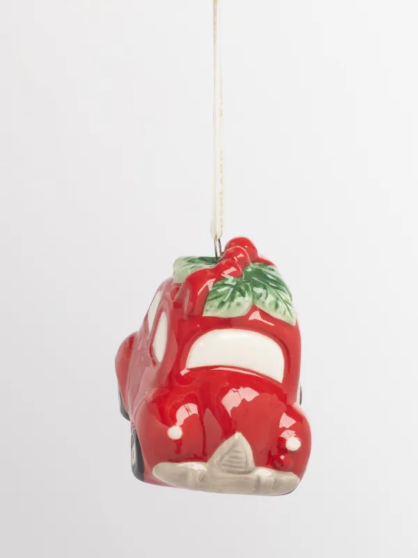 Игрушка елочная, 7 см, керамика, красная, Машина с венком, Figure christmas, image-2