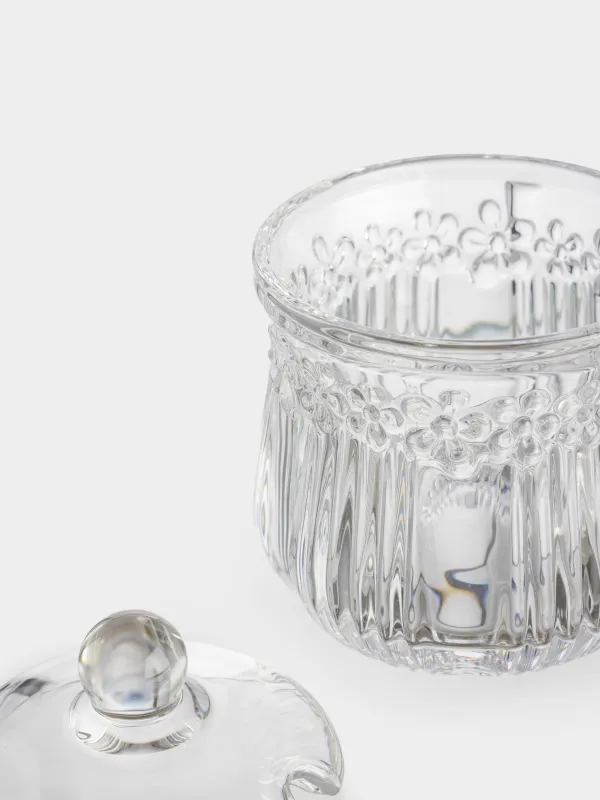 Қант ыдысы, 11 см, 350 мл, қасығы бар, шыны Р/металл, Гүлдер, Clear pattern, image-3