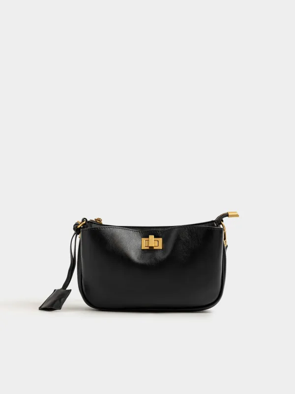 Сумка женская, 23х13 см, с ручкой и плечевым ремнем, с брелоком, полиуретан, черная, Force, image-3