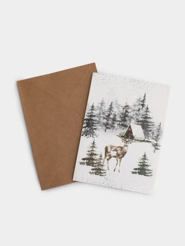 Сыйлық ашықхаты 3D, 13х18 см, қағаз, ақ, Ормандағы бұғы, Snowy house, image-3