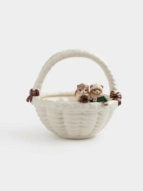 Кәмпит ыдысы, 20х20 см, 1,2 л, тұтқасы бар, керамика, сүт түстес, Себеттегі тиін және аю, Christmas animals, image-0