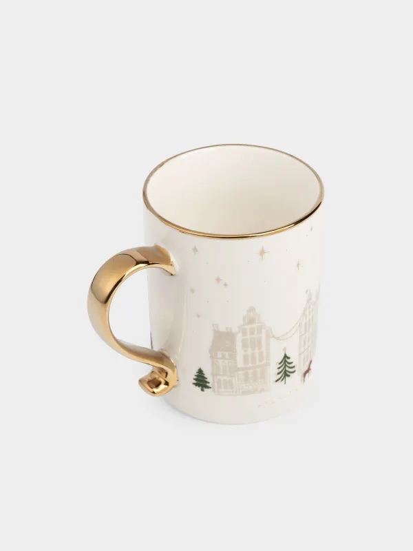 Саптыаяқ, 370 мл, фарфор N, сүт және алтын түстес, Үйлер мен жылқы, Snow sparks, image-1