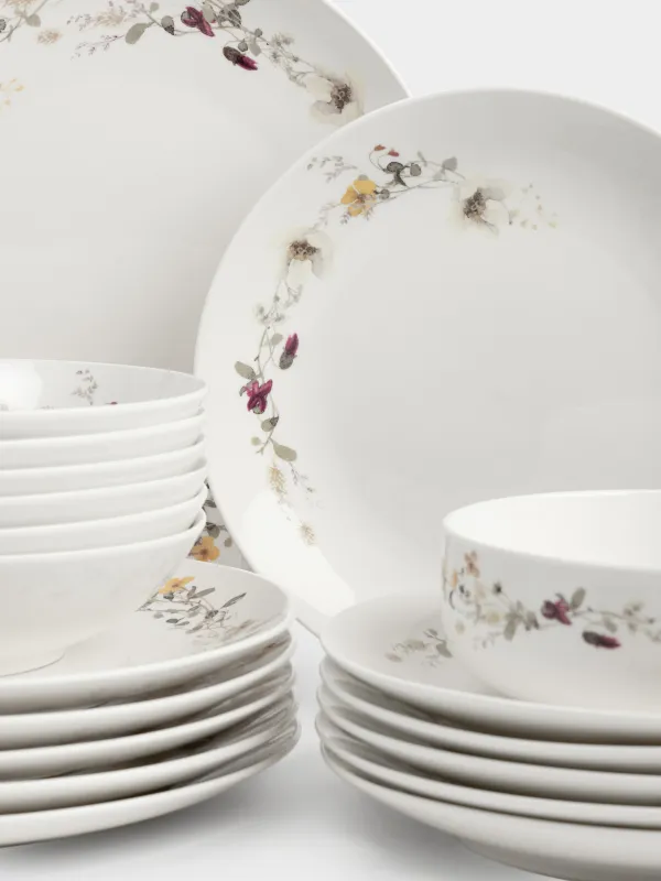 Ас сервизі, 6 адам, 19 зат, фарфор N, ақ, Сары гүлдер, Floweri, image-4