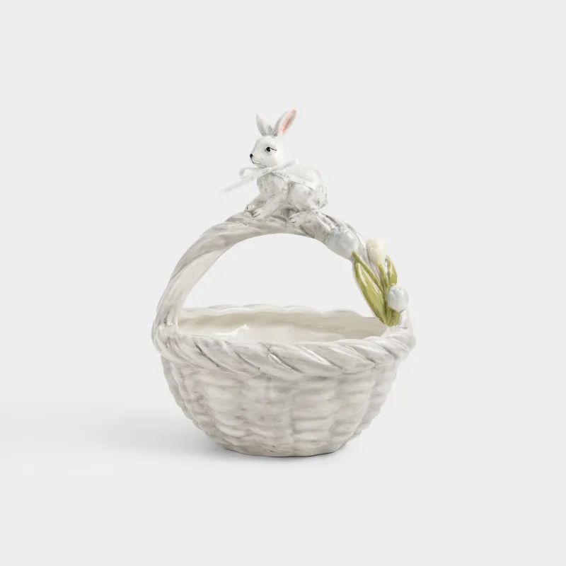 Кәмпит ыдысы, 21х28 см, тұтқасы бар, керамика, сұр, Гүл себетіндегі қоян, Easter