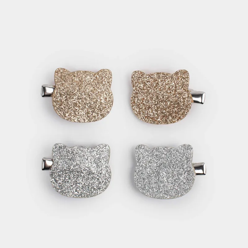 Шаш қыстырғыштар жинағы, 3 см, 4 дана, балаларға арналған, металл, күміс/шампан, Мысық, Cat