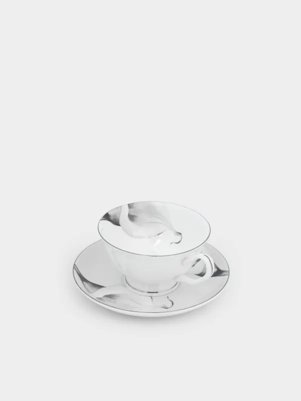 Шай жұбы, 1 адам, 2 зат, 220 мл, фарфор F, ақ, күміс жиектері бар, Калла гүлдері, Aroid, image-1