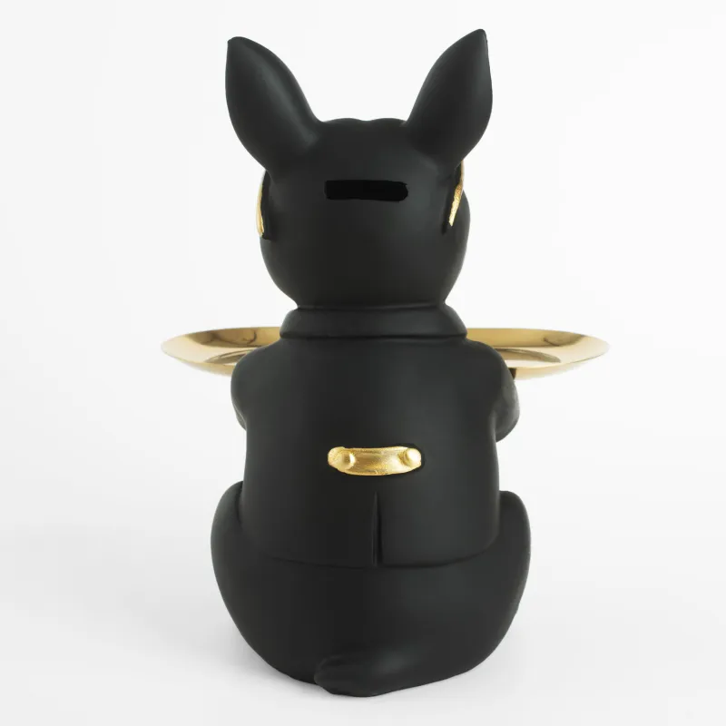 Сәндік тағам, 23 см, шошқа банкі, полирезин / металл, алтын қара, Бульдог, ит, image-3