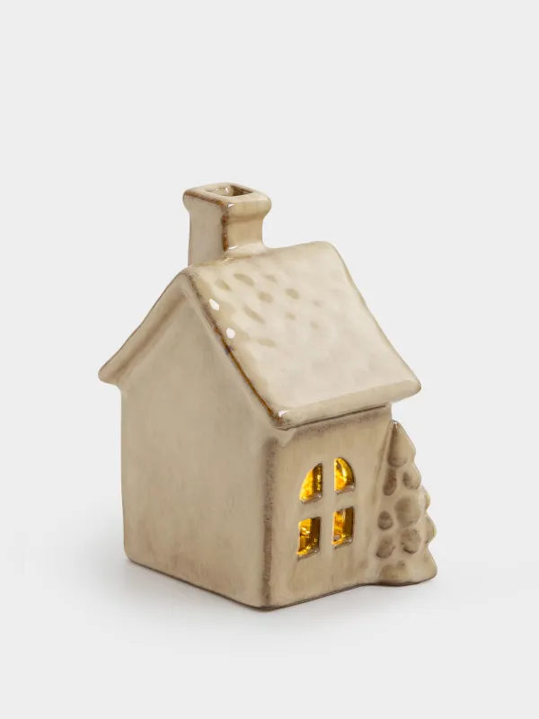 Мүсінше, жарықтандырылған, 12 см, фарфор Р, сүт түстес және қоңыр, Шыршалары бар үй, House shape, image-2