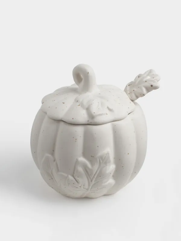 Сахарница, 12 см, 460 мл, с ложкой, керамика D, молочная, в крапинку, Тыква, Slight frost, image-0