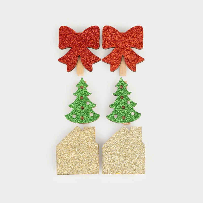 Клипса декоративная, 5 см, 6 шт, дерево, с блестками, Праздничные атрибуты, Figure wood