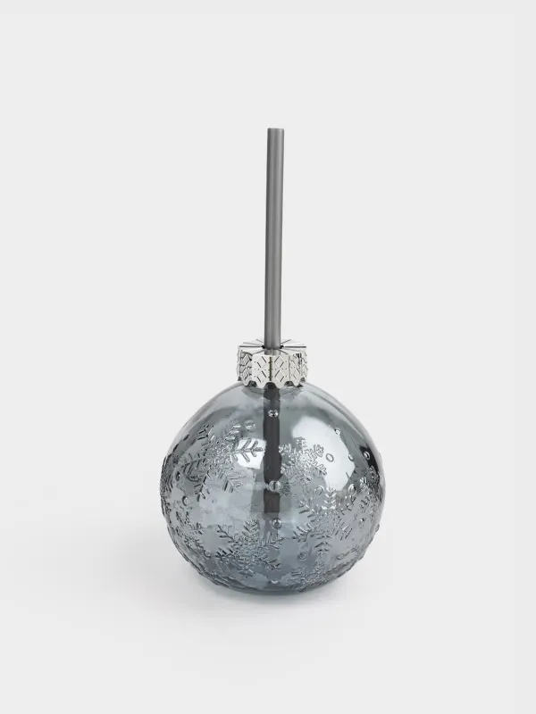Банка для напитков, 400 мл, с крышкой и трубочкой, стекло, серая, Шар, Christmas drink, image-0