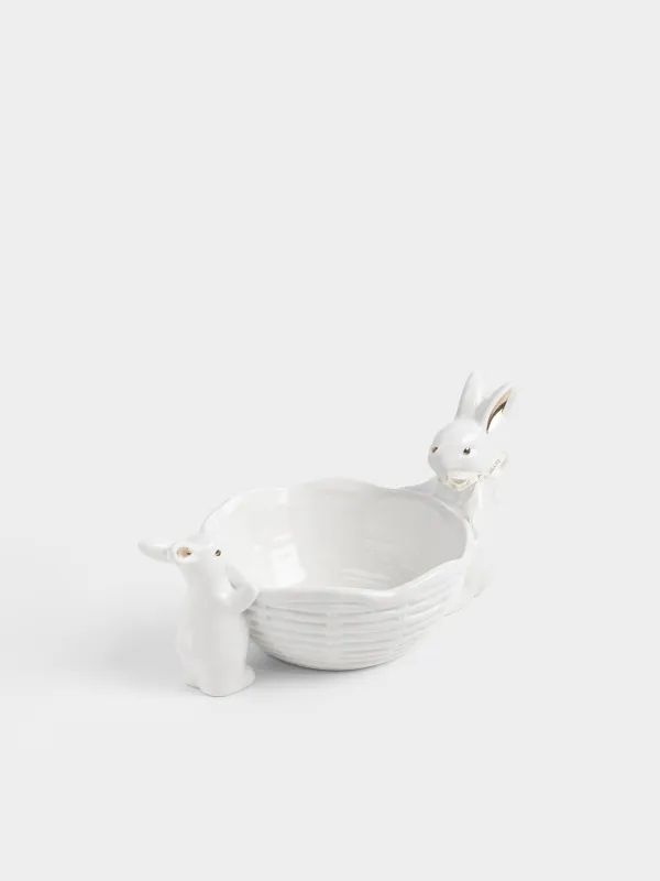 Конфетница, 28х14 см, 740 мл, керамика D, молочно-золотистая, Кролики с корзиной, Rabbit gold, image-3