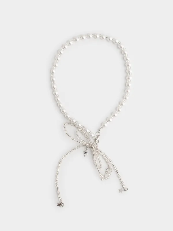 Колье, 52 см, пластик/стразы/металл, серебристое, Бант, Pearl, image-0