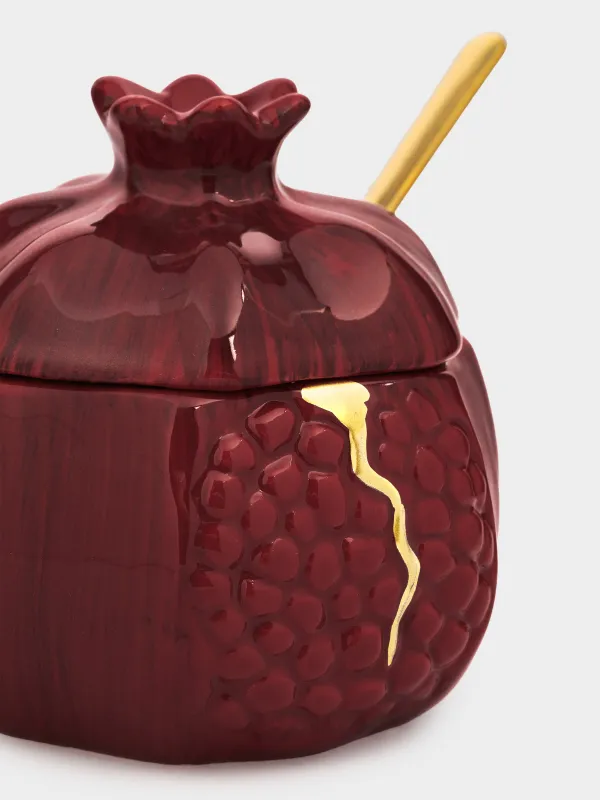 Қант ыдысы, 9 см, 200 мл, қасығы бар, керамика/болат, қою қызыл, Анар, Pomegranate, image-1