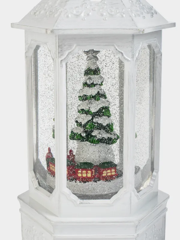 Снежный фонарь, 26 см, с подсветкой, вращающийся, пластик, белый, Поезд и ель, White style, image-2