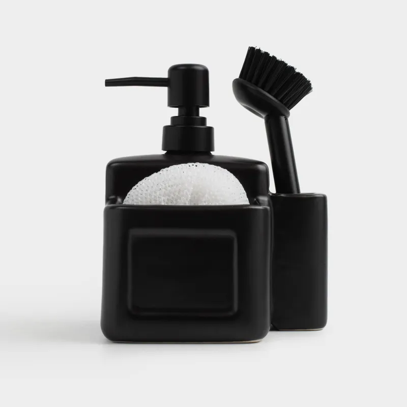 Диспенсер для моющего средства, 650 мл, органайзер, губка/щетка, керамика, черный, Total black