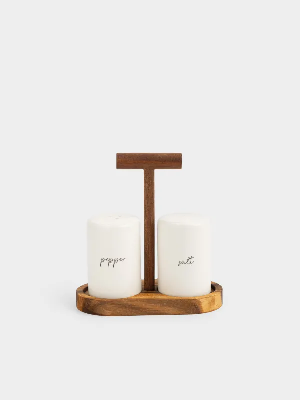Набор для соли и перца, 17 см, на подставке, фарфор P/дерево, молочный, Noble tree, image-0