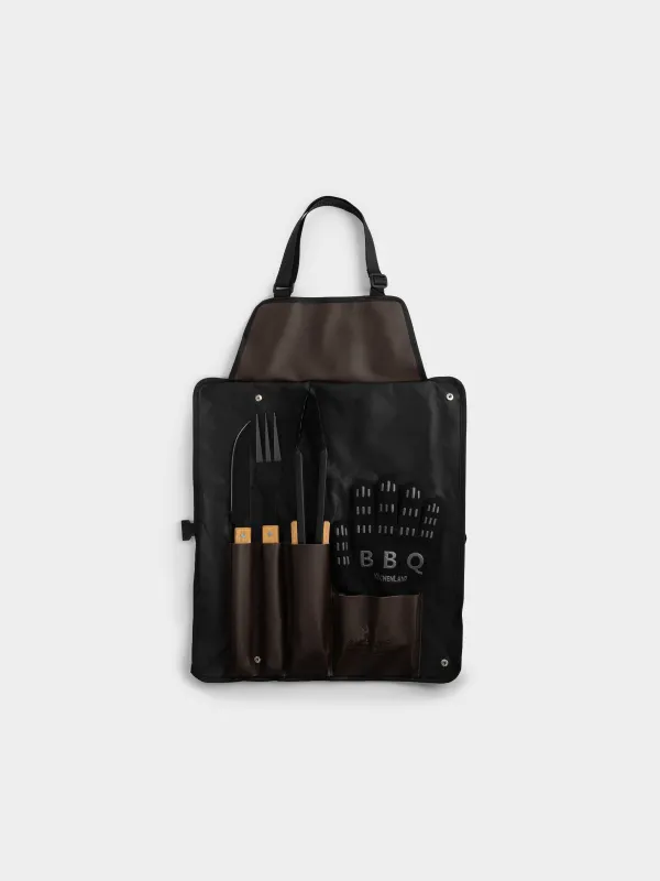 Барбекюге арналған жиынтық, 4 зат, алжапқышы бар, болат/ағаш, қара/қоңыр, BBQ, image-0