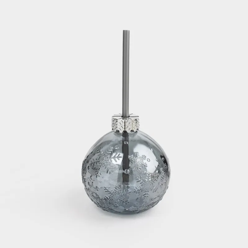 Банка для напитков, 400 мл, с крышкой и трубочкой, стекло, серая, Шар, Christmas drink