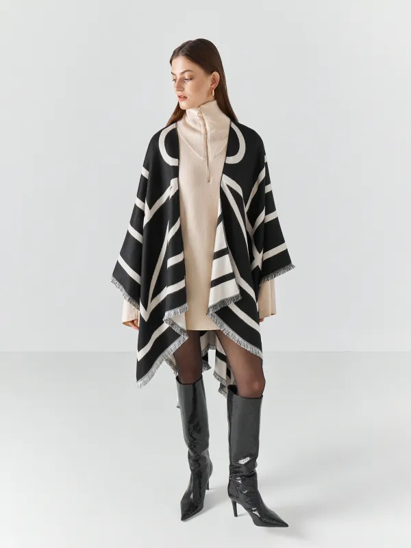 Пончо, 130х160 см, шашағы бар, екі жақты, вискоза/полиэстер, сүт түстес қара, Poncho, image-0
