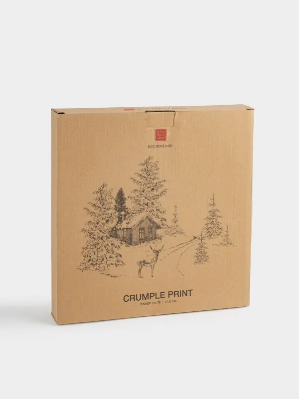 Тарелка обеденная, 28 см, керамика, белая, Олень у дома в лесу, Crumple print, image-5