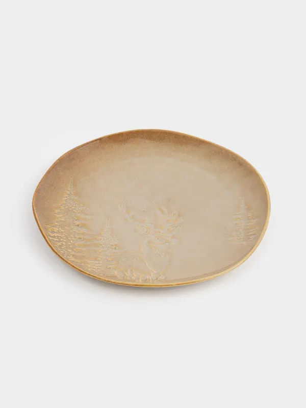 Тарелка закусочная, 22 см, керамика, коричнево-бежевая, Олень в лесу, Snowy forest, image-1