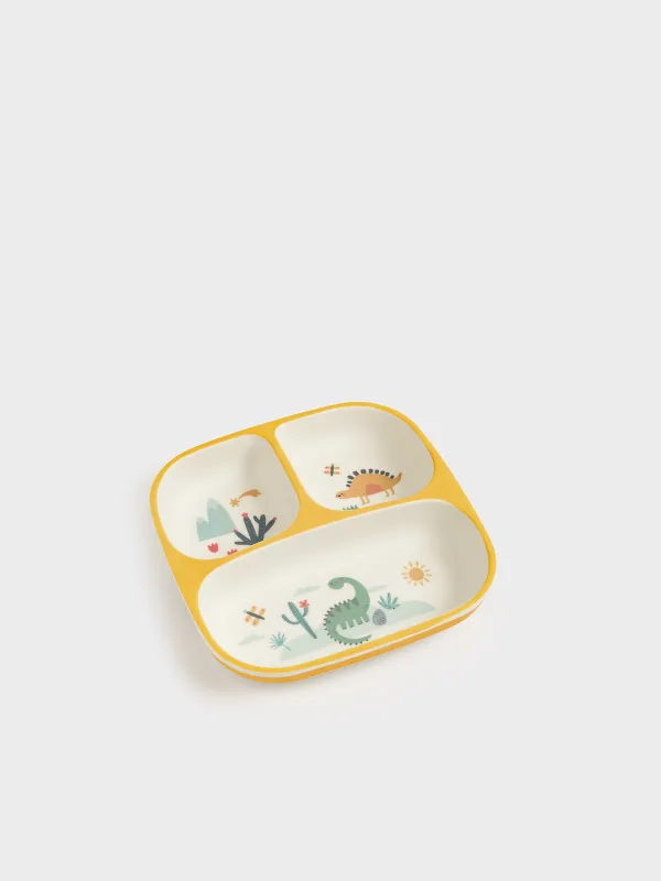 Түскі ас тәрелкесі, балаларға арналған, 18 см, 3 бөлім, бамбук, шаршы, сары, динозаврлар, Dino, image-2