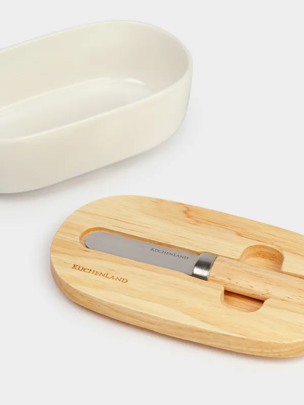 Сары май, 15 см, пышақпен, фарфор N / ағаш, сопақ, жеңіл ас үй, image-3