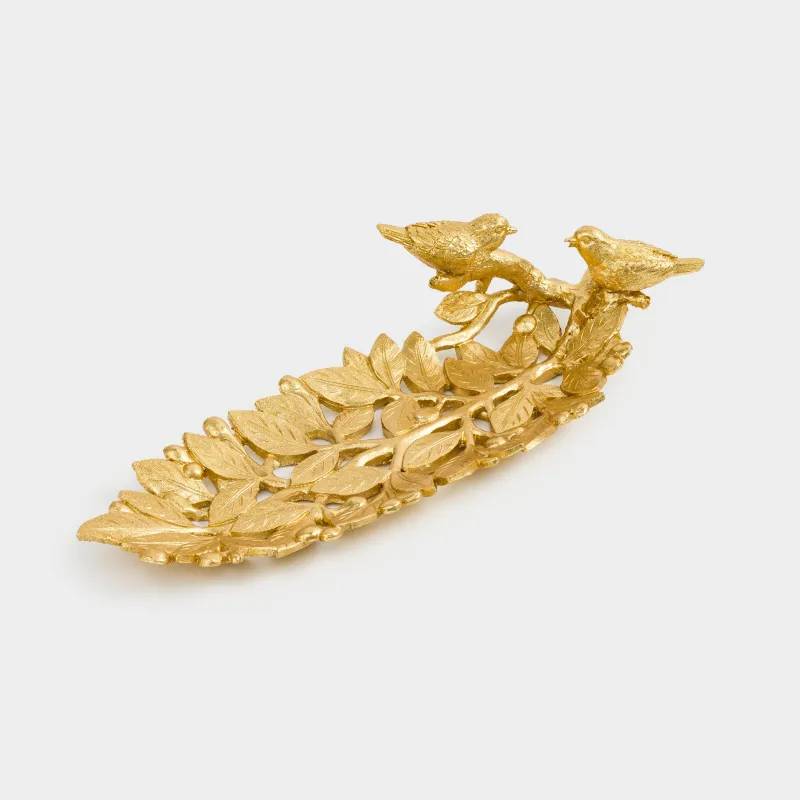 Блюдо декоративное, 40х14 см, полирезин, золотистое, Птицы на ветке, Birds, image-0