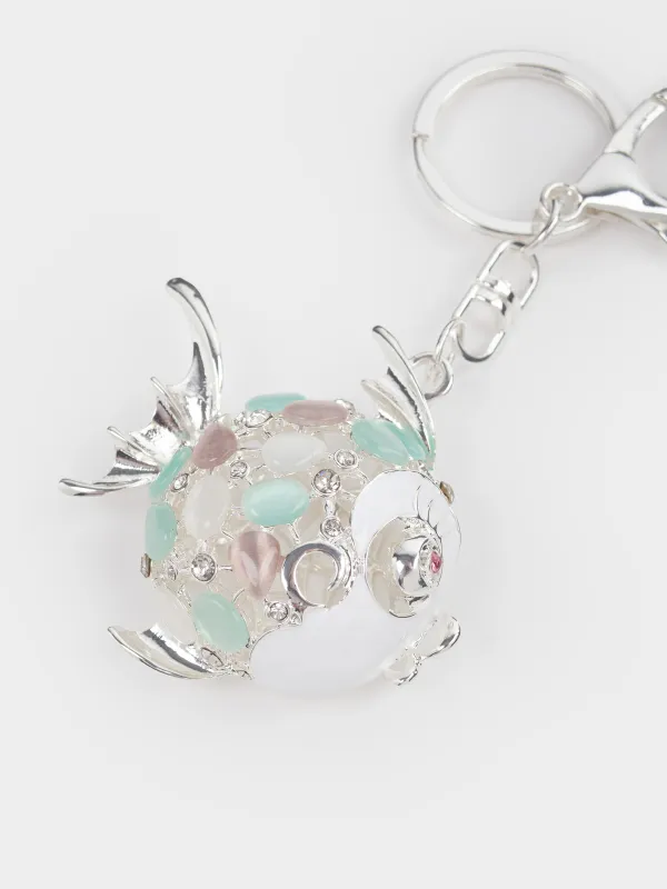 Брелок, 12 см, металл/стразы, серебристый, Рыба-шар, Keychain crystal, image-1