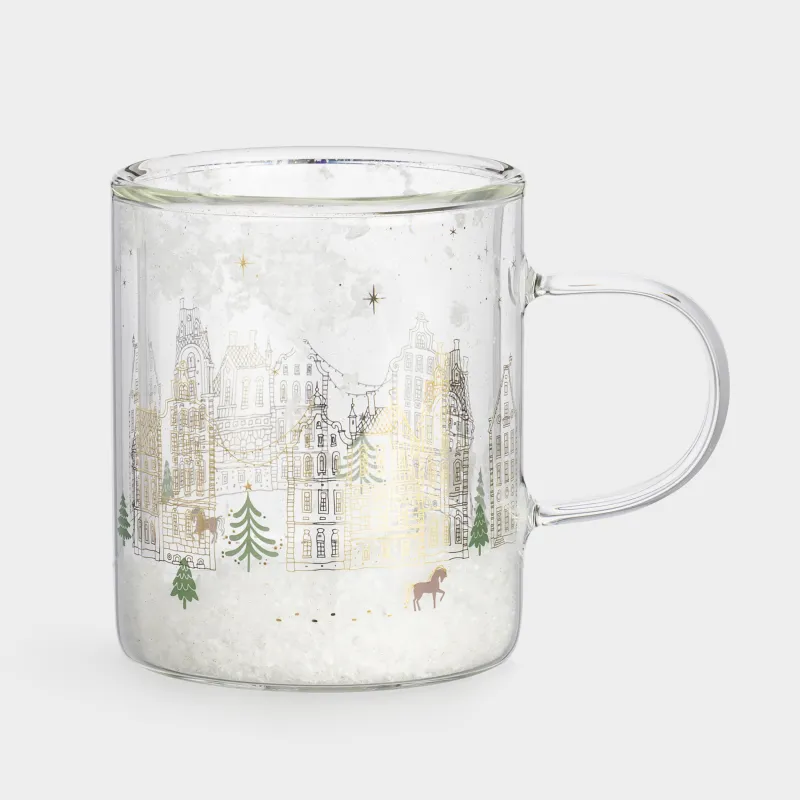Кружка, 350 мл, стекло Б, с блестками и со снегом внутри, Дома, Air decor