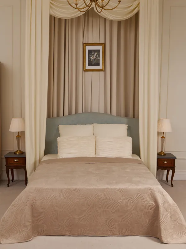 Төсек жапқыш, 220х240 см, төсеніш, полиэстер, бежевый / сұр, Пальма жапырағы, Ститч барқыт, image-0