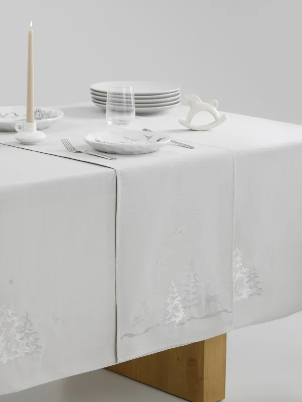 Дорожка настольная, 40х160 см, полиэстер, светло-серая, Олени и ели, Forest fawn, image-7