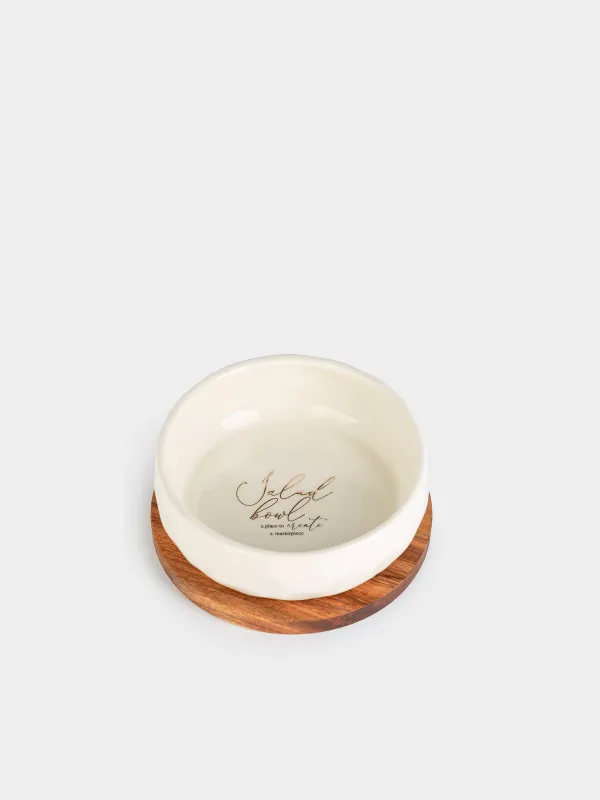 Салат ыдысы, 18х6 см, 890 мл, стендте, керамика/ағаш, сүт түстес, Мыжылған әсер, Crumple kitchen, image-1