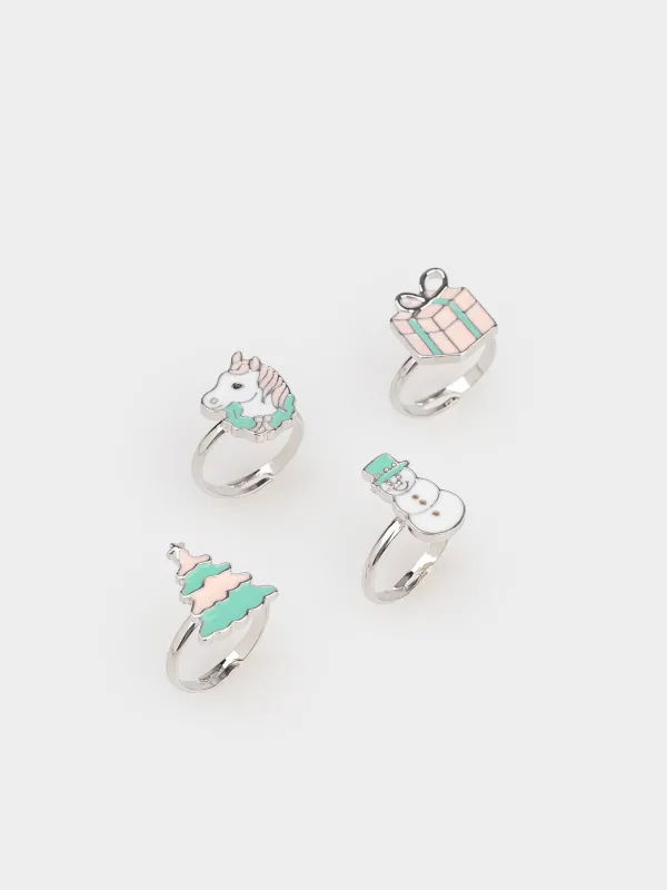 Сақиналар жиынтығы, бірыңғай өлшем, 4 дана, балаларға арналған, металл, Jewelry christmas, image-1