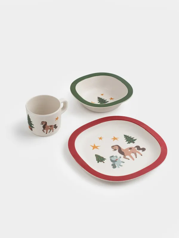 Ыдыс-аяқ жинағы, балаларға арналған, 3 дана, бамбук, қызыл-жасыл, Шыршасы бар жылқылар, Little horse, image-4