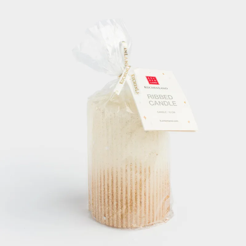 Свеча, 10 см, цилиндрическая, с блестками, молочно-золотистая, Ribbed candle, image-4
