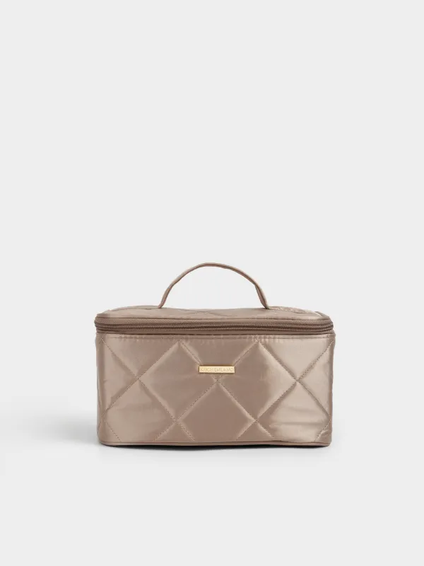 Косметичка, 23х13 см, стеганая, с ручкой, сатин, бежевая, Quilted silk, image-0