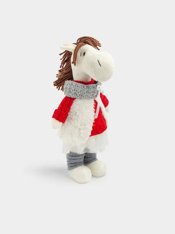 Сәндік бұйым, 33 см, полиэстер, сарғылт-қоңыр және сұр, Қызыл свитер киген жылқы, Cute horse, image-0