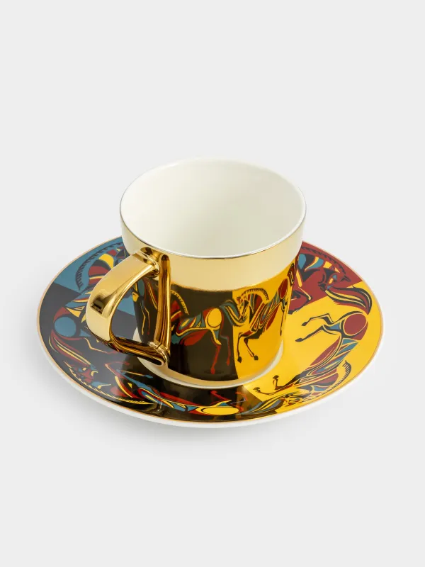 Шай жұбы, 1 адам, 2 зат, 300 мл, фарфор Р, алтын, Жылқы, Horse art, image-1