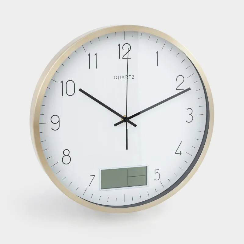 Часы настенные, 35 см, с дисплеем, металл/стекло, круглые, золотисто-белые, Dial, image-2