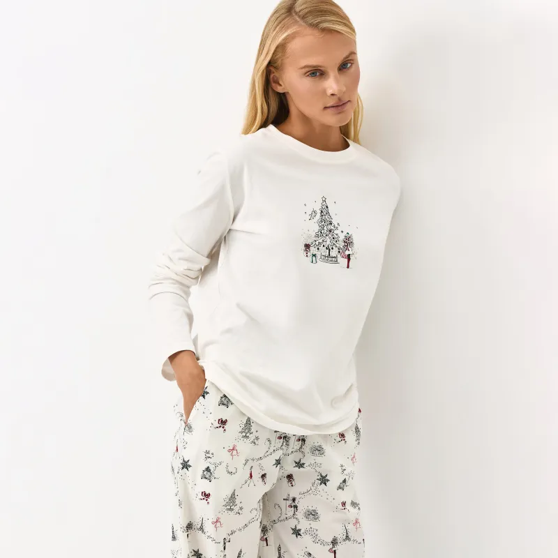 Әйелдерге арналған лонгслив, үйге арналған, өлшемі L, мақта, сүт түстес, Жаңа жылдық өрнек, Ransina