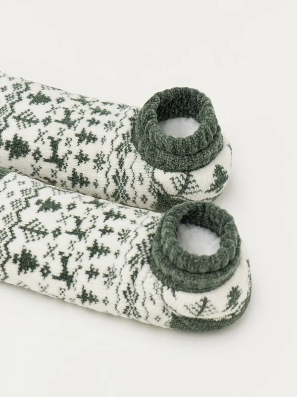 Әйелдер шұлықтары, үйге арналған, өлшемі 36-38, шенилл/шерпа, ақ және жасыл, Қысқы өрнек, Hot winter, image-1