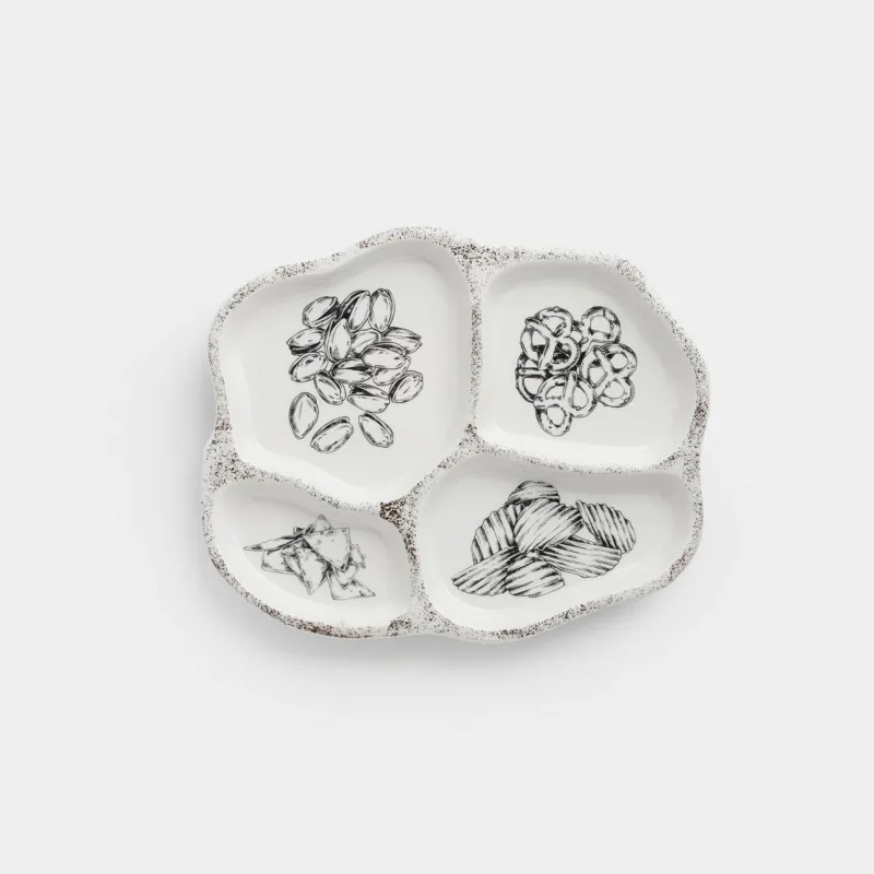 Менажница, 23х18 см, 4 отд, керамика D, бело-черная, Снеки, Crumple print