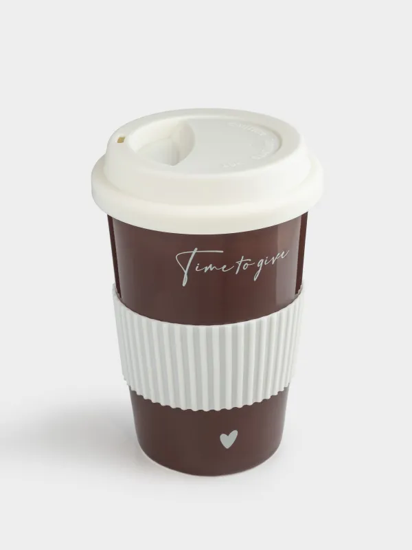 Стакан, 15 см, 430 мл, с крышкой и зарфом, фарфор N/силикон, коричнево-молочный, Magic moments, image-1