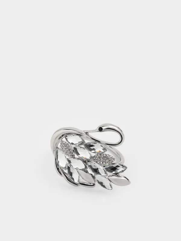 Майлық сақинасы, 5 см, металл/акрил, күміс түстес, Кристалдар арасындағы аққу, Swan, image-1