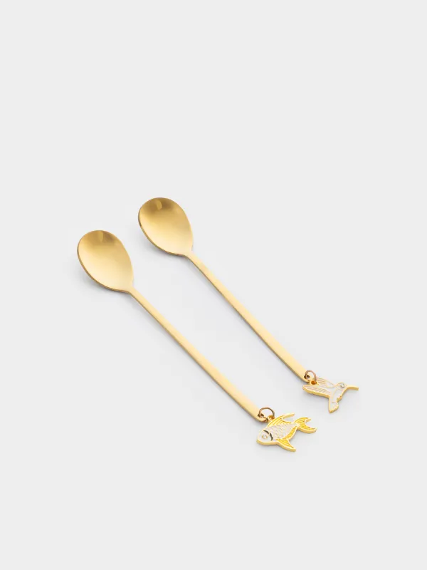 Ложка десертная, 14 см, 2 шт, сталь, золотистая, Птица/Рыбка, Goldfish, image-0