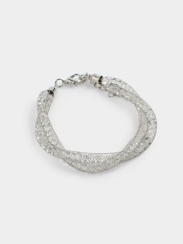 Білезік, 24 см, қос, металл/страздар, күміс, Тоқыма, Jewelry, image-1