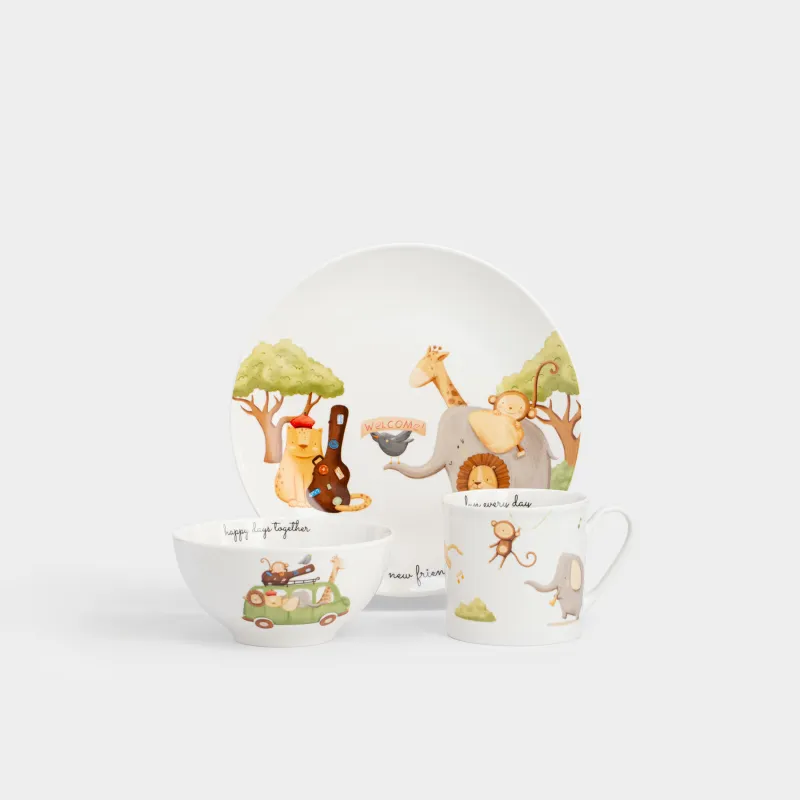 Ыдыс-аяқ жинағы, балаларға арналған, 1 адам, 3 зат, фарфор N, ақ, Музыкалық жануарлар, Jungle