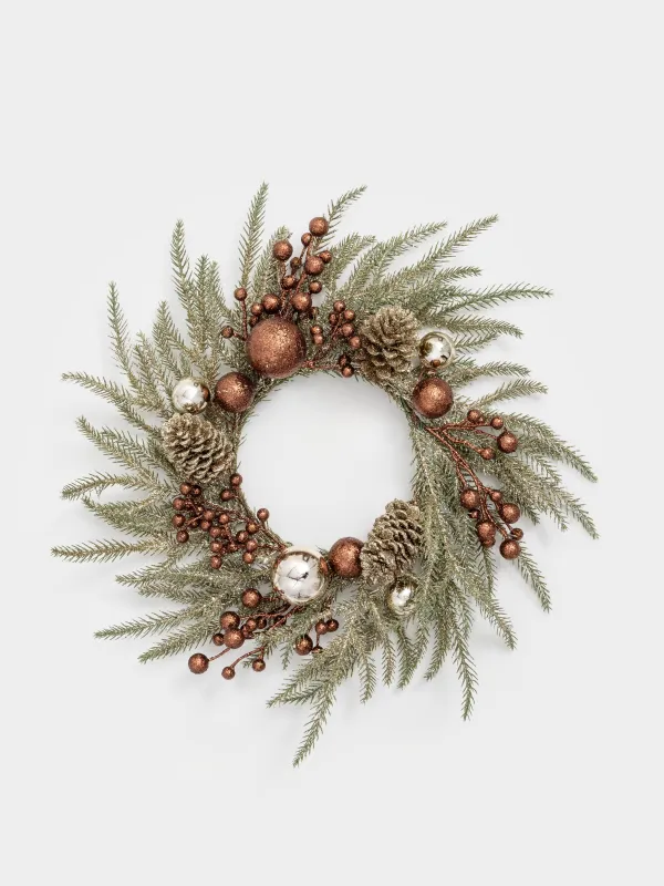 Сәндік гүл шоғы, 17/45 см, пластик/пенопласт, шампан, Қарағай инелері мен жидектер, Conifer champagne, image-0